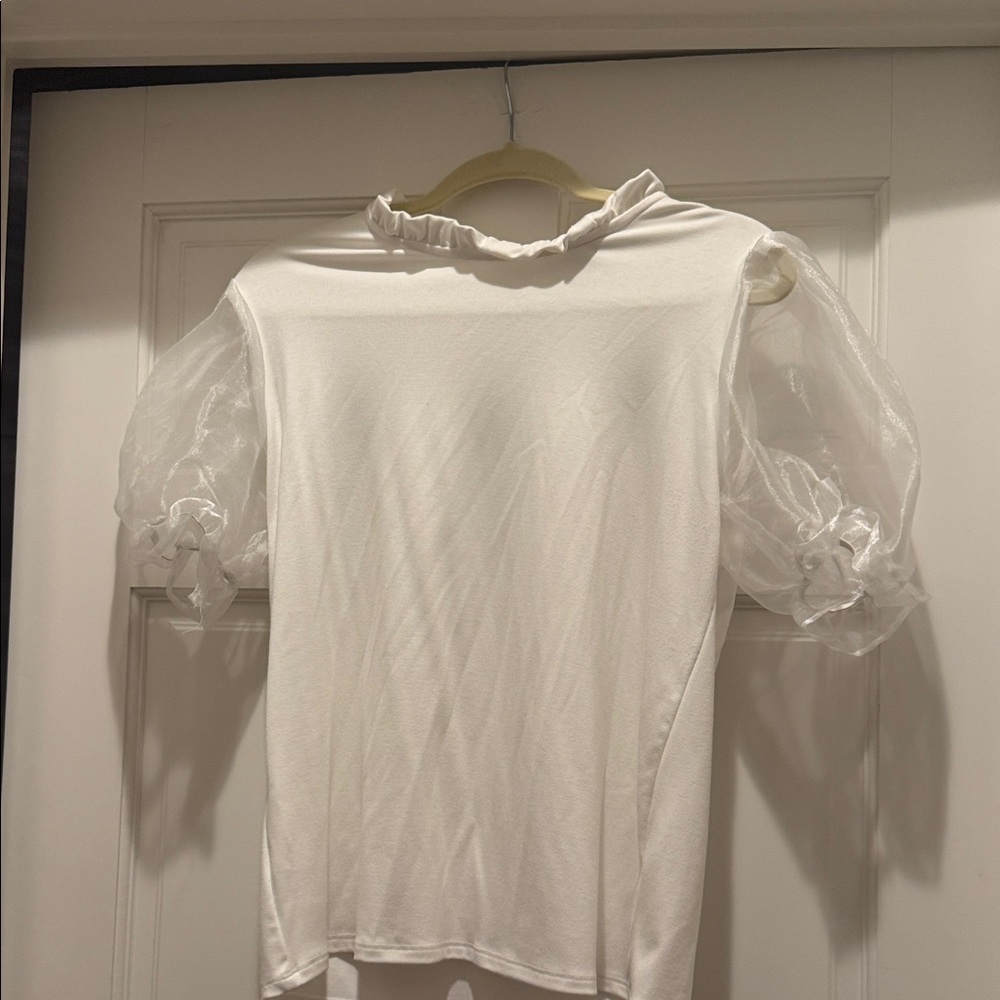 Gibson Sheer Puff Sleeve Ruffle Neck White Top
